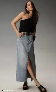 Anthropologie Pilcro Madi Front Slit Denim Maxi Skirt Fray Positano Wash 4 NWT
