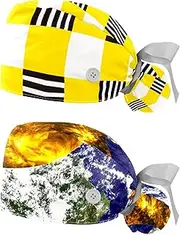 [WOSHJIUK] Working Hat 2 Pack Scrub Caps for Women,Yellow White Black Stripes Plaid,Tie Back Cap Adjustable Scrub Hat