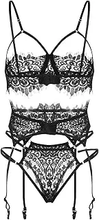 [Generic] Vintage Sheer Lingerie Lenceria Extreme Sexy Dessous New Luxury Sexs Black Color Women Sexy Garter Lingerie Sex Bra and Panty Sets Sexy Lingerie with Stockings Plus Size