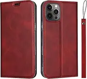 for iPhone 12, iPhone 12 Pro Case (6.1"),Cavor Folio Flip Leather Wallet Phone Case Stand Card Holder Magnetic Closure Clear TPU Bumper Slim Thin Cover with Wristlet Strap- Red