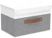 Yawinhe Storage Boxes with Lids, Linen Fabric Bin, Medium-1 Pack, White/Grey