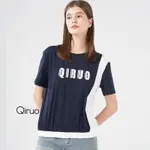 【QIRUO 奇若名品】專櫃精品藍白色短袖短版設計上衣(春夏棉質T☆ 胸前英文字母休閒上衣8227A)