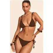 Chocolate Textured Bead Trim Triangle Bikini Top, Chocolate
