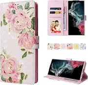 [YocoverTech] for Samsung S22 Ultra 5G Case,for Galaxy S22 Ultra 5G Wallet Case,RFID Blocking-3 Card Slots Beautiful Flowers PU Leather Magnetic Kickstand Women Girls Protective Cover-Rose Flower