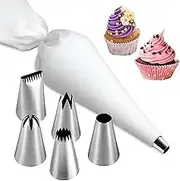 Waymaytecy Set of 6 Piping Nozzles, 5 Shapes, 1 Reusable Piping Bag, Baking Accessories, White Plastic, Cupcakes, Cakes