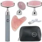 Mik Beauty USB Rose Quartz Face Roller Massager and Gua Sha Set - Silver handle