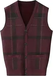 [Generic] Mens Sweater Vest Plaid V Neck Sleeveless Button Down Winter Cardigan 2024 Trendy Casual Warm Soft Knit Tops, B#red, Large, B#red, Large