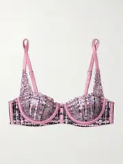 [FLEUR DU MAL] FLEUR DU MAL - Gabrielle Silk-blend Satin-trimmed Embroidered Tulle Soft-cup Balconette Bra - Pink - 36DD 36 DD Pink