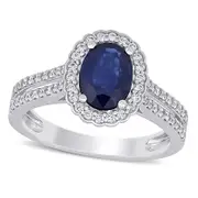 Oval Blue Sapphire and 0.33 CT. T.W. Natural Diamond Scallop Frame Double Row Ring in Solid 14K White Gold