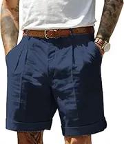[PHJTOMK] Mens Cotton Linen Flat Front Shorts with Buttons Lightweight Elastic Waist Beach Shorts Twill Shorts for Big Tall Men
