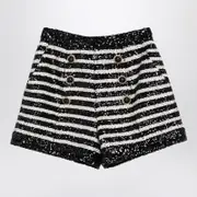 [Balmain] Black/White Striped Shorts With Sequins 38 FR Black