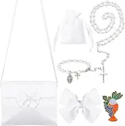 [Quelay] 6 Pcs Girls First Holy Communion Accessories Set, Include Communion Purse, Rosary and Pouch, Grail Pin, Communion Bracelet and Bow Hair Clip for Girls First Communion Gifts, White, One size