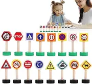 Traffic Road Signs Playset - 16X Road Signs Toy Playset | Crosswalk Signal Blocks, Wooden Building Set, Stop Safety Game for Kids Birthday
