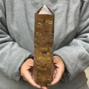 2.37LB Natural Tiger’s eye obelisk quartz crystal wand point Healing Tower X3848