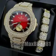 HIP HOP GOLD PT LUXURY BLING RED DIAL WATCH & ICED BAGUETTE CHAIN BRACELET SET