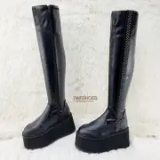 Damned Goth Punk Rock 3.5" Platform OTK Thigh Boots Stretch Black Matte DEMONIA