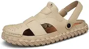 [XOEKD] Mens Fashion Leather Closed-Toe Soft Hand stitching Fisherman Sandals Summer Comfort Casual Slip-on Lightweight Outdoor Non-Slip Flat Beach Slippers with Adjustable Strap