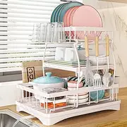 Draining Dish Drainer Rack 3 Tier, Dish Drying Rack Large, with Drip Tray Draining Board Kitchen Sink Counter, Cup Holder, Stainless Steel, Swivel Drain Spout for Dishes Knives Spoons Forks