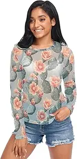 [AIXIWAWA] Floral Cactus Women's Long Sleeve Mesh Sheer Top, Sexy See-Through Blouse for Party, Evening Wear S