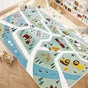 Lacomfy Kids Play Mat Zoo Animal Car Road Rug 8Ft Large Classroom Rug Playroom Classroom Carpet Adventure Area Rug for Boys Girls Children Educational Mat for Bedroom Nursery Decor, 5x8Ft, Green