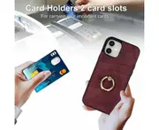 Full Protection Cover for iPhone 12 Mini, 2 Cards PU Leather Case with Ring Holder - Dark Red