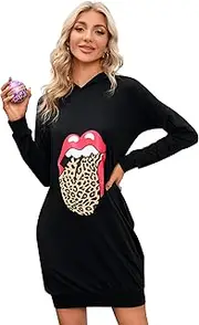 [MISSKY] Womens Merry Christmas Print Long Sleeve Hooded Dresses Pullover Sweatshirt Hoodie Dress for Women with Pockets