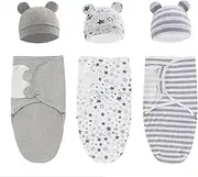 Baby Swaddle Sleep Sack with Hat Set for 0-3 Months 3-Pack Soft Cotton Newborn Wearable Swaddle Wrap for Girls Boys(Grey & Star & Stripe & hat Combination)