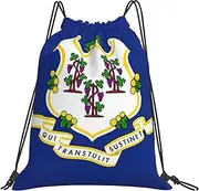 EdWal Connecticut State Flag Print Drawstring Backpack Gym Bags Sports Draw String Bags For Gym Travel Swimming Beach, White, One Size