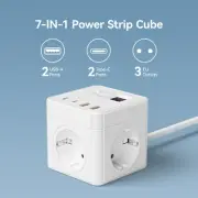 7in1 EU Power Strip with 3 AC Outlets, 3 USB, 1 Type-C, Timer & Surge Protector