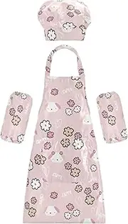 AIXIWAWA Kids Apron Chef Hat Set, Child Kitchen Bib Aprons Adjustable for Cooking Baking Painting (Pink Dogs Floral)