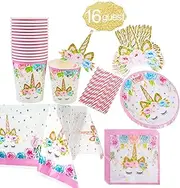 Unicorn Themed Party Supplies Set,Unicorn Cake Plates,Cups,Napkins,Tablecloth,Straws&Decoration,Paper Disposable Tableware Set for Girls Children Birthday Party or First,Baby Shower, Serves 16 Guests