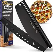 Kitchenstar 14” Black Non-Stick Pizza Cutter by | Sharp Stainless Steel Slicer Knife - Rocker Style w Blade Cover | Chop and Slices Perfect Portions + Dishwasher Safe – Premium Pizza Oven Accessories