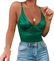 [Velius] Women's Sexy Deep V Neck Shiny Thong Bodysuit Tank Tops with Underwire