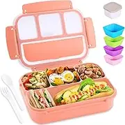 Bento Box Adult Lunch Box, Lunch Containers for Kids Girls Boys with 4 Compartments, Lunchable Food Container with Utensils, Sauce Jar, Muffin Liners, 40 Oz/5 Cup, Microwave & Dishwasher Safe, Pink
