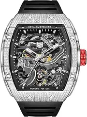 [Redhai] Automatic Mechanical Watch Skeleton Stainless 50M Waterproof Anti Shock Casual Diver Men Wrist Watch Sterling Watches Chronograph Analog Business Casual Fashion Adjustable Silicone Band