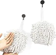 Dormercy Fuzzy Ball Towel, 2 Pack White Hanging Chenille Hand Towels, with 4 Hooks, Dry Your Hands Quickly