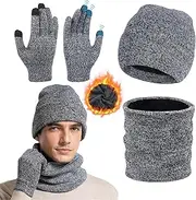 [Minicoco] 3 Pcs Men's Beanie Hat Scarf and Touch Screen Gloves Set Thermal Fleece Lined Snow Knit Cap, 3 in 1 Winter Hats Touch Screen Gloves Neck Warmer Snood Set