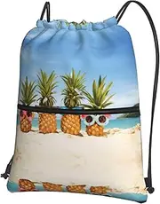 EdWal Ocean Beach Pineapples Print Drawstring Backpack Gym Bags Sports Bags With Zipper Pocket For Travel Beach, Black, One Size