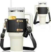 Water Bottle Holder - Carrier Strap for Stanley 40 oz & 30 oz Tumbler with Handle, for Stanley Cup Accessories, Adjustable Strap, Credit Card Holder, Keyring, Straw Cover (Black)
