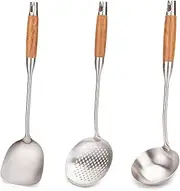[FJNATINH] Wok Utensils for Carbon Steel, Stainless Steel Wok Spatula and Ladle, Skimmer Spoon Set Metal 304 Stainless Steel Kitchen Cooking Utensils Sets, 3-Pieces Wok Tools, Wooden Handle 14-15 Inch
