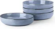 LIANYU Stoneware Pasta Bowls Set of 4, 37oz Large Salad Pasta Bowl for Home, Wide and Shallow Ceramic Plate Bowls for Serving Soup, Dinner, Microwave & Dishwasher Safe, Serenity Blue