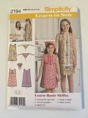 Simplicity Learn To Sew #2194 Girls Dress Scarf Sewing Pattern Szs 7 - 14 NEW