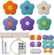 Mug Rug Punch Needle Kit, Punch Needle Coaster Kit, 6 Flowers Punch Needle Embroidery Kit - Coaster Pads, Rug Tufting with Adhesive Felt Yarns Embroidery Hoop Instruction for Adults Beginners