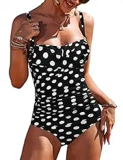 [Ekouaer] Womens One Piece Swimsuit Tummy Control Swimwear Shirred Bathing Suits Elegant Inspired Vintage Pin Up Monokinis