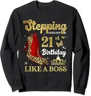 [X.Style] Stepping Into My 21st Birthday Boss Mom Leopard High Heels Sweatshirt ds1698 Sweater (2XL) Black