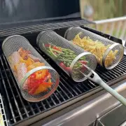 BBQ Grill Basket Stainless Steel Rolling Grilling Wire Mesh Cylinder