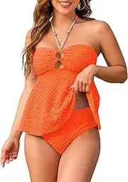 [Jolefille] Women Bandeau Swimsuit Two Piece - Tummy Control Bathing Suit Full Coverage High Waisted Bikini Sets Halter Teens, Orange, Large