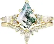 [Yarrzhen] Moss Agate Gemstone Women's Irregular Zirconia and Diamonds 2-Piece Ring Set 925 Sterling Silver Ring for Women Kite Cut Women's Ring Set for Engagement Silver Jewelry