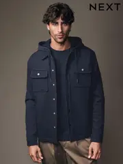 Navy Blue Borg Lined Popper Shacket with Hood (N78184) | $113