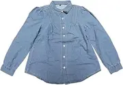 [CIMUK] Women Denim Tops Pleated Front Puff Long Sleeve Lightweight Button Down Jean Shirts